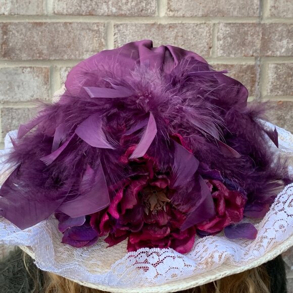 Victorian Edwardian Feather Floral Touring Riding Hat with Long Train - Picture 5 of 12